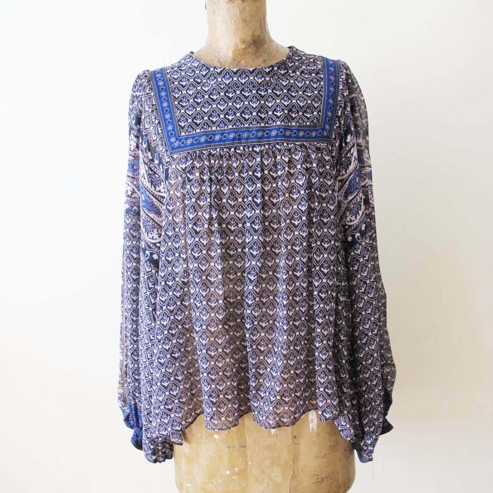 Ulla Johnson Reema Blouse Blue 6 Wide Sleeve Boho Semi Sheer